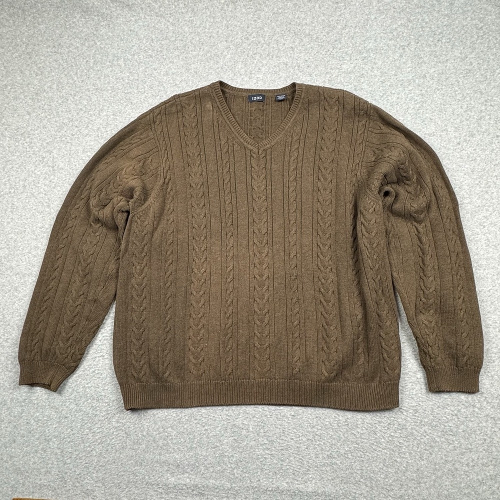 Vintage IZOD Cable Knit Sweater Mens XXL Brown Cotton V Neck Preppy Academia Y2K